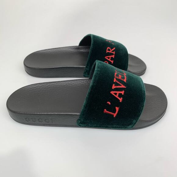 NIB Gucci Pursuit Embroidered Velvet Pool Slide Sandal, Black In Green Size 37 - Picture 7 of 14